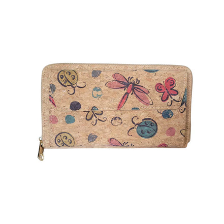 Cork phone wallet with butterfly and dragonfly print, front view