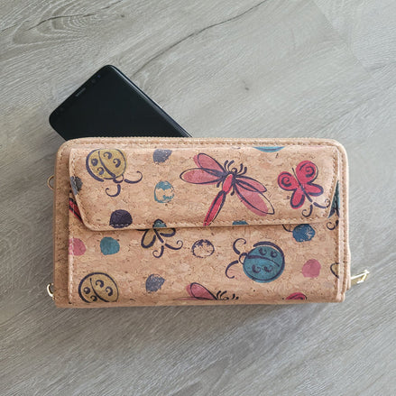 Cork phone wallet with butterfly and dragonfly print, front view