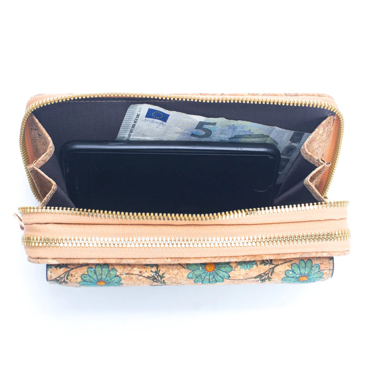 Phone and cash inside cork wallet compartment