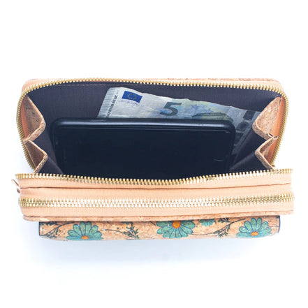 Phone and cash inside cork wallet compartment
