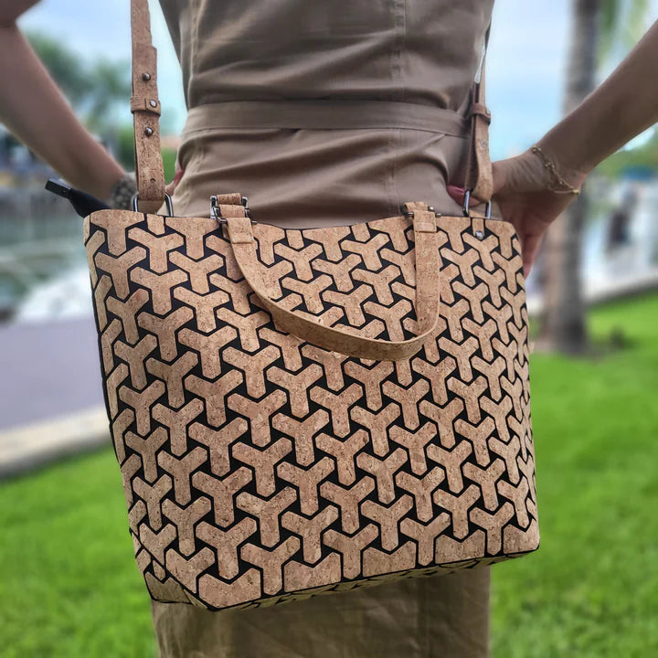 Geometric Y-pattern cork tote bag in natural and black, vegan & sustainable handbag