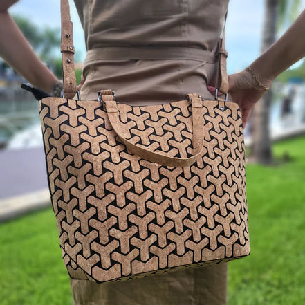 Geometric Y-pattern cork tote bag in natural and black, vegan & sustainable handbag