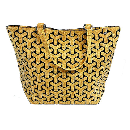 Geometric Y-pattern cork tote bag in natural and black, vegan & sustainable handbag