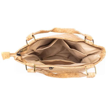 Interior pockets and zipper organization inside cork tote