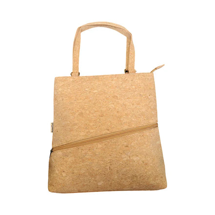 Plain natural cork tote bag front view with angled zipper pocket