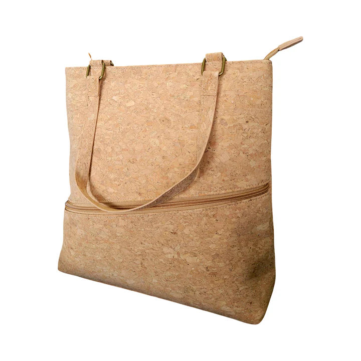 Natural cork tote bag side view showing shoulder straps