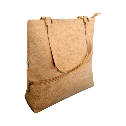 Natural cork tote showing angled zipper across lower half