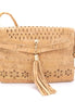 Front view of vegan cork crossbody bag with laser-cut flowers and tassel