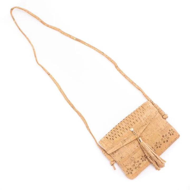 Full view cork tassel crossbody with long adjustable strap