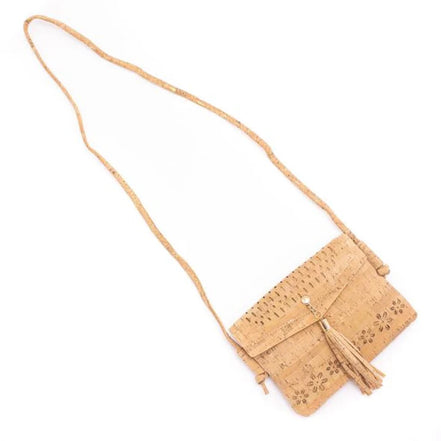 Full view cork tassel crossbody with long adjustable strap