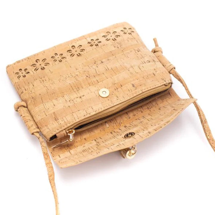 Interior view showing zippered pocket inside cork crossbody bag