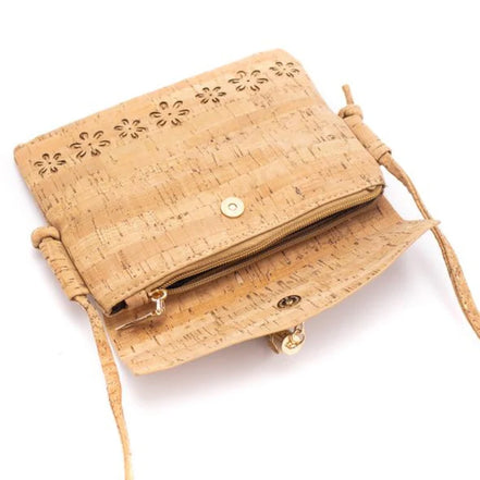 Interior view showing zippered pocket inside cork crossbody bag