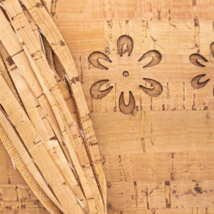 Close-up of floral laser-cut pattern on natural cork handbag