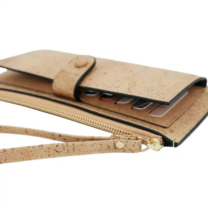 A luxurious soft cork wallet with a wristlet strap, perfect to keep your cards and cash neatly organized.