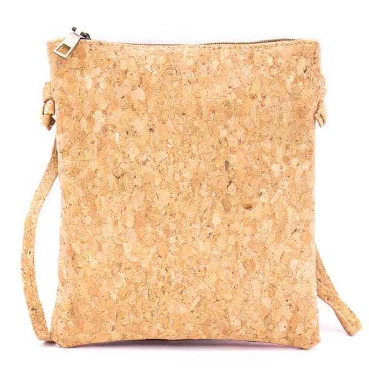 Natural cork crossbody bag back view with adjustable strap and zip top closure