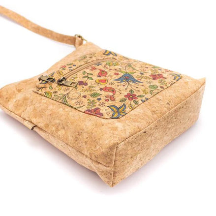 Bottom view Songbird Garden vegan cork crossbody bag with floral bird design 