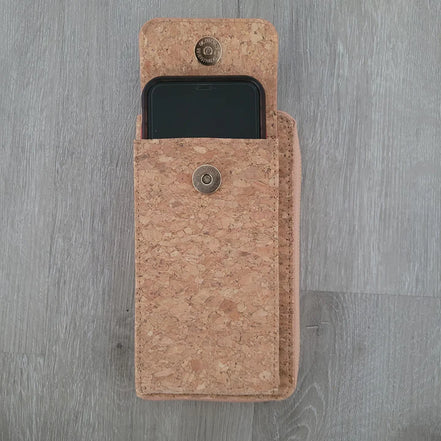 Natural cork back of  vegan phone wallet crossbody with zipper pocket