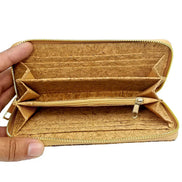 Empty interior view Lightweight vegan cork zipper wallet with detachable wristlet strap and organized interior.