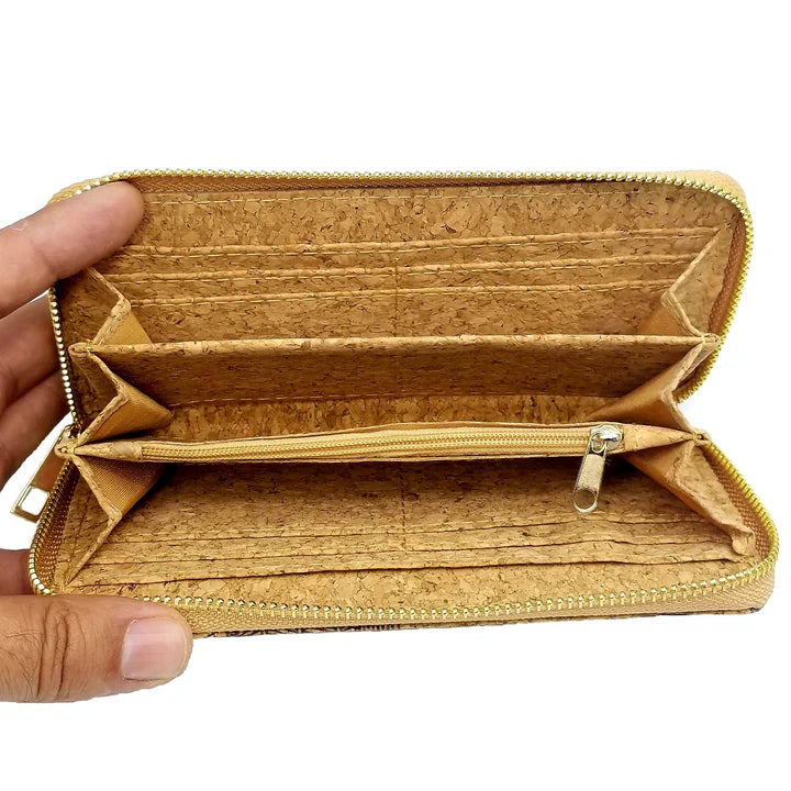 Interior of Natural Plains cork wallet with card pockets and zip compartment