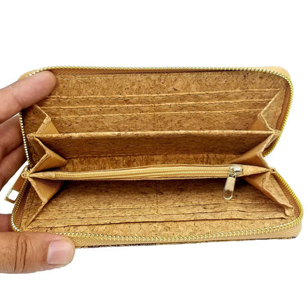 Interior of Natural Plains cork wallet with card pockets and zip compartment