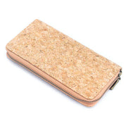 Lightweight vegan cork zipper wallet with detachable wristlet strap and organized interior.
