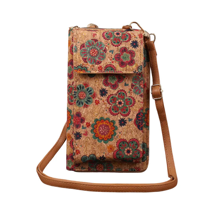 Garden Bloom B cork phone wallet crossbody with multicolor floral pattern ‚Äî front view