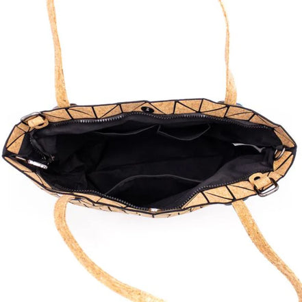 Interior view Stylish geometric design tote or shoulder bag with natural cork texture and large interior compartment for wallet, tablet, notebooks &amp; more.