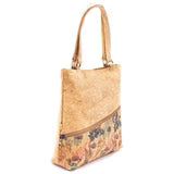 A stylish cork handbag with an easy, everyday elegance, beautiful foliage design, top and front horizontal zippers. &nbsp;