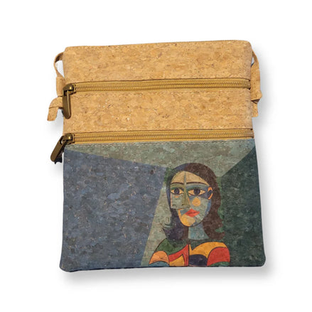 Art inspired vegan cork crossbody bag with Picasso print and dual front pockets