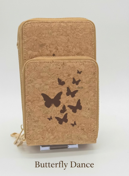 Cork wallet with butterfly designs on a white background
