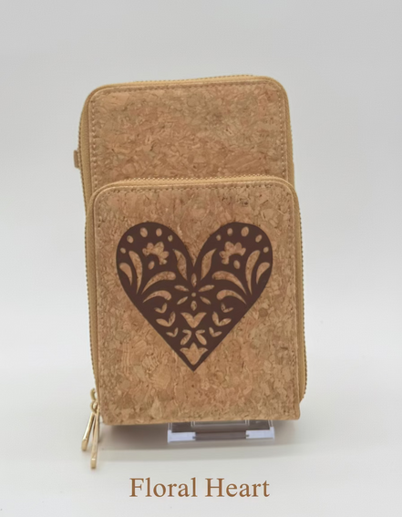 Cork wallet with a heart design on a white background