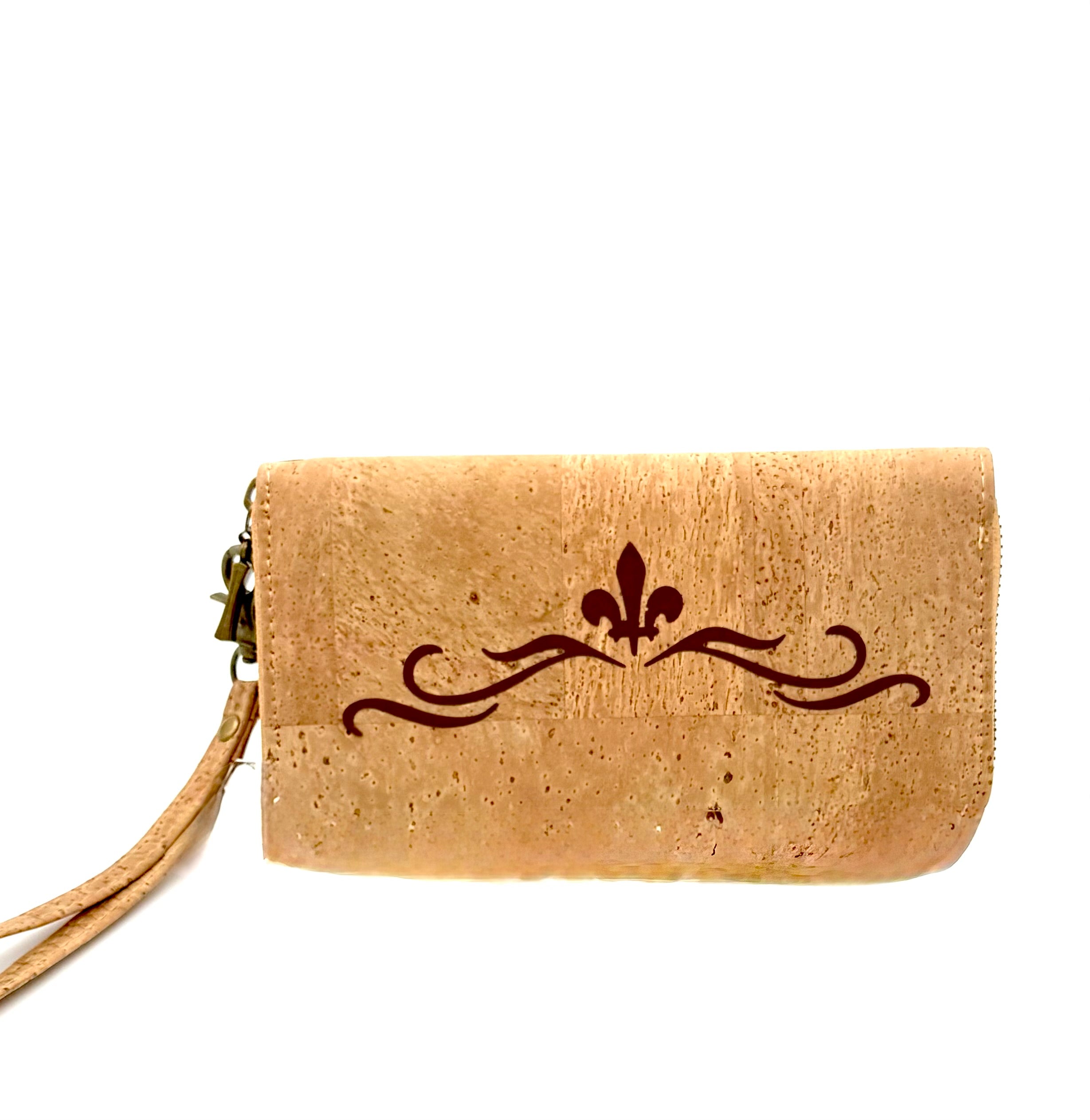 Cork wallet with a decorative emblem on a white background