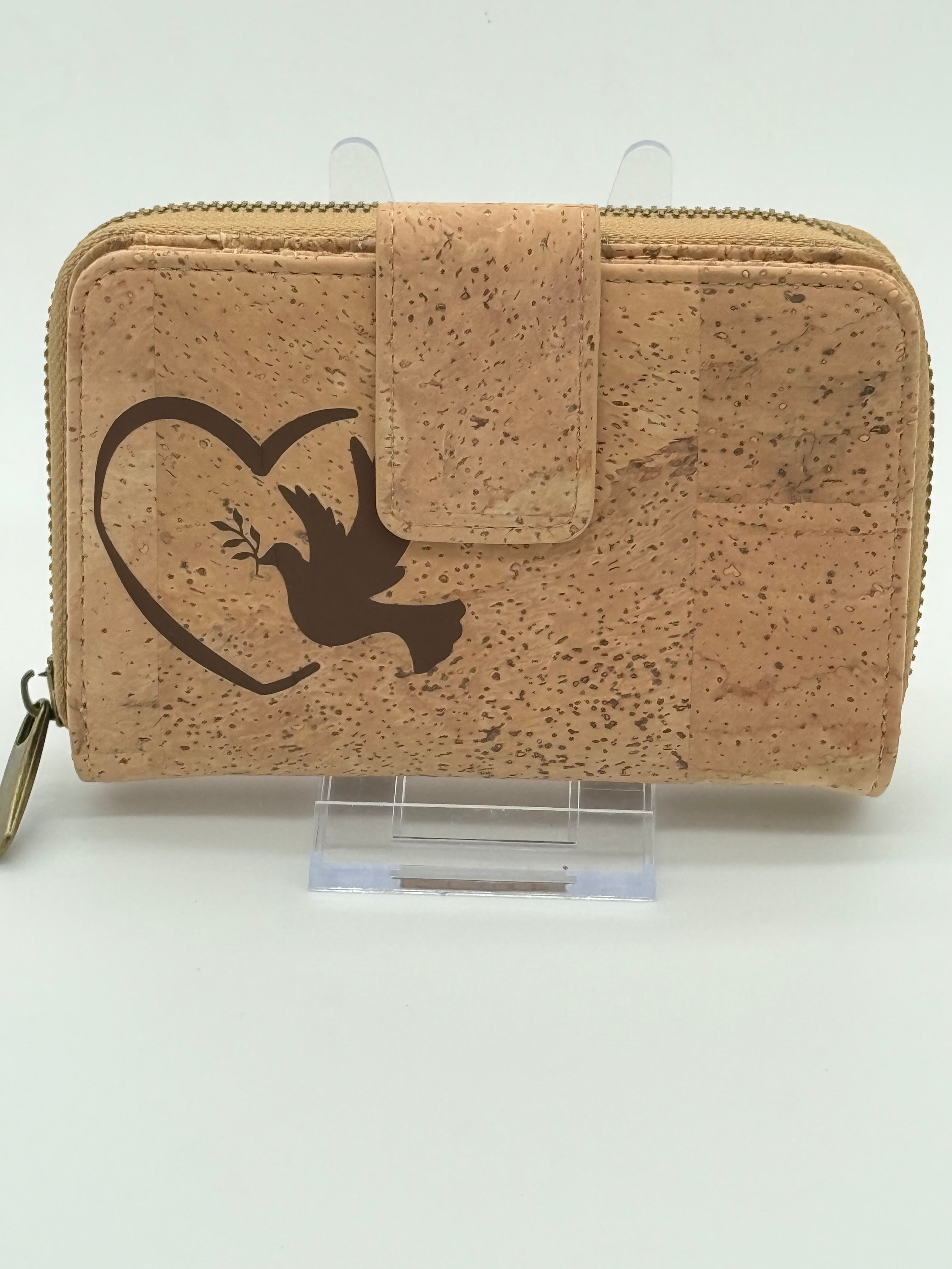Cork wallet with a bird design on a white background