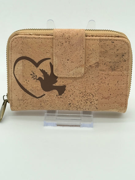 Cork wallet with a bird design on a white background