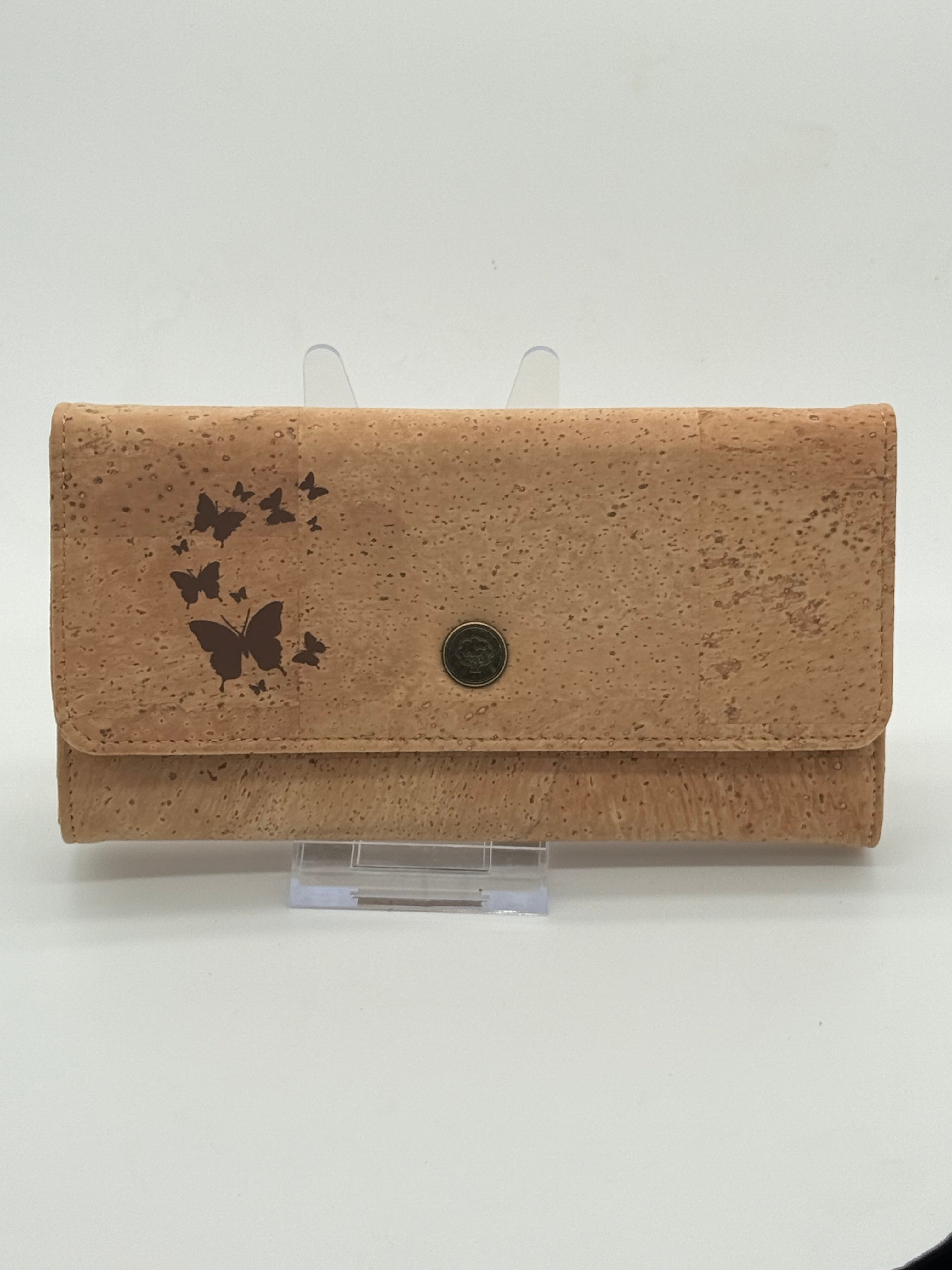 Cork wallet with butterfly design on a white background