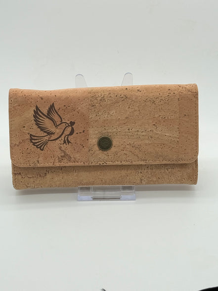 Cork wallet with a bird design on a white background