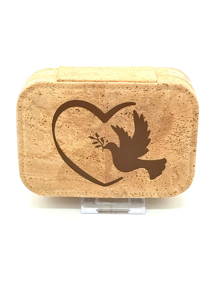 Cork jewelry box with a dove and heart on a white background