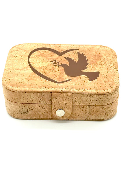 Cork jewelry box with a dove and heart on a white background