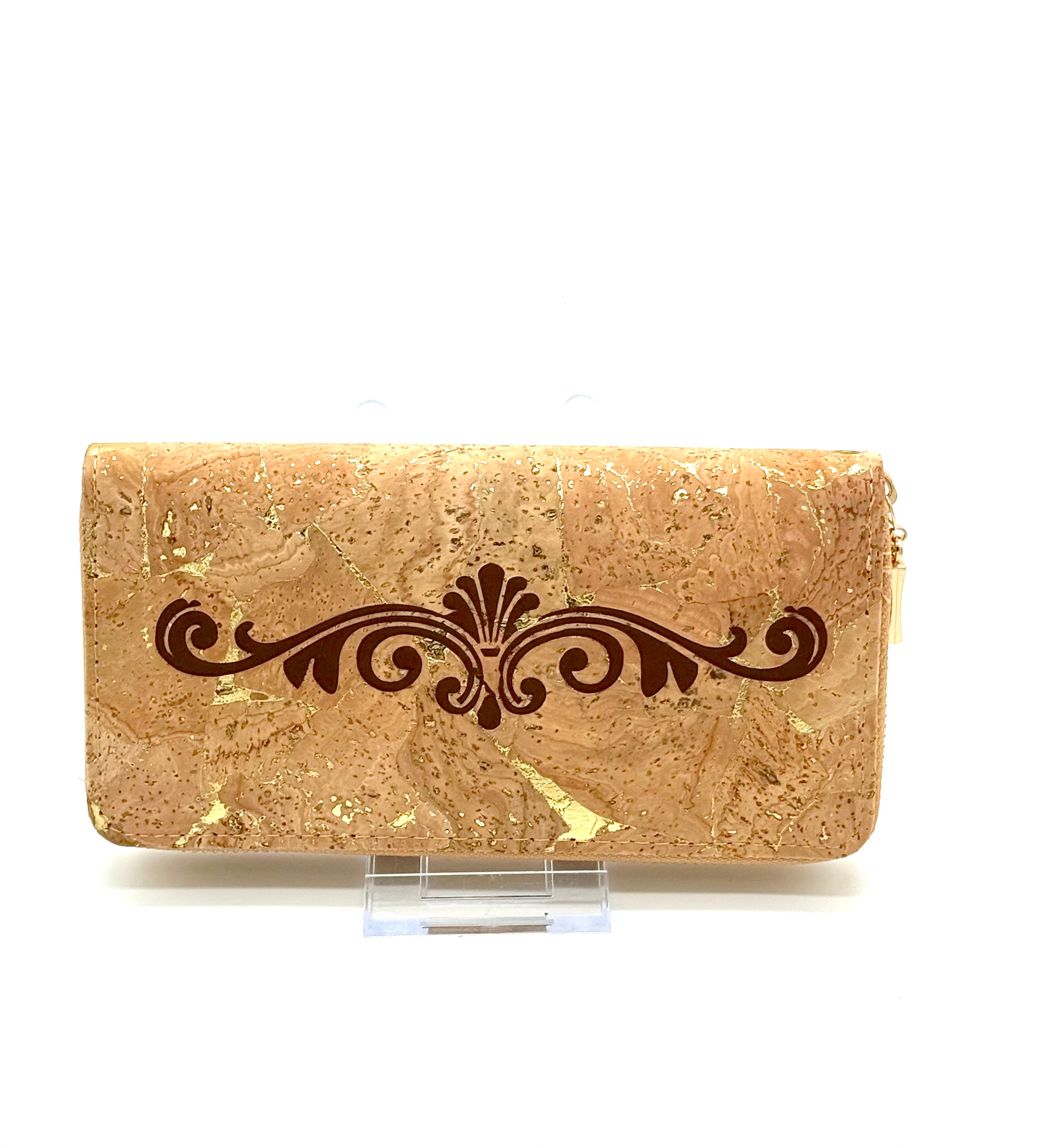 Cork clutch with decorative design on a white background