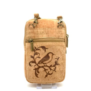 Cork pouch with bird design on a white background