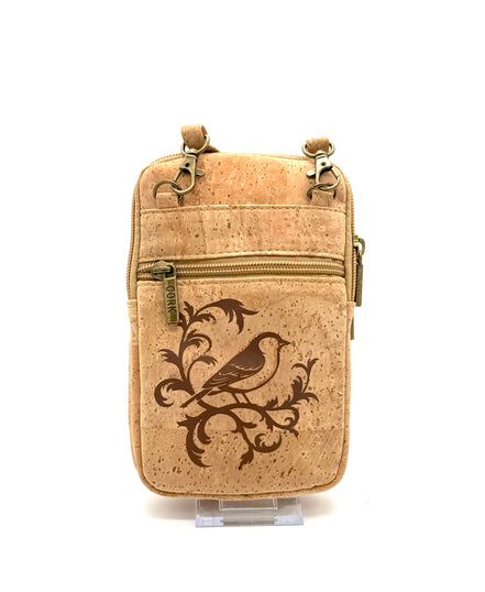 Cork pouch with bird design on a white background