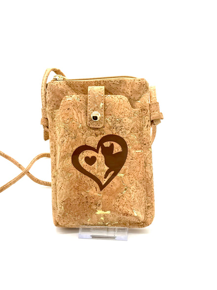 Cork pouch with a heart design on a white background