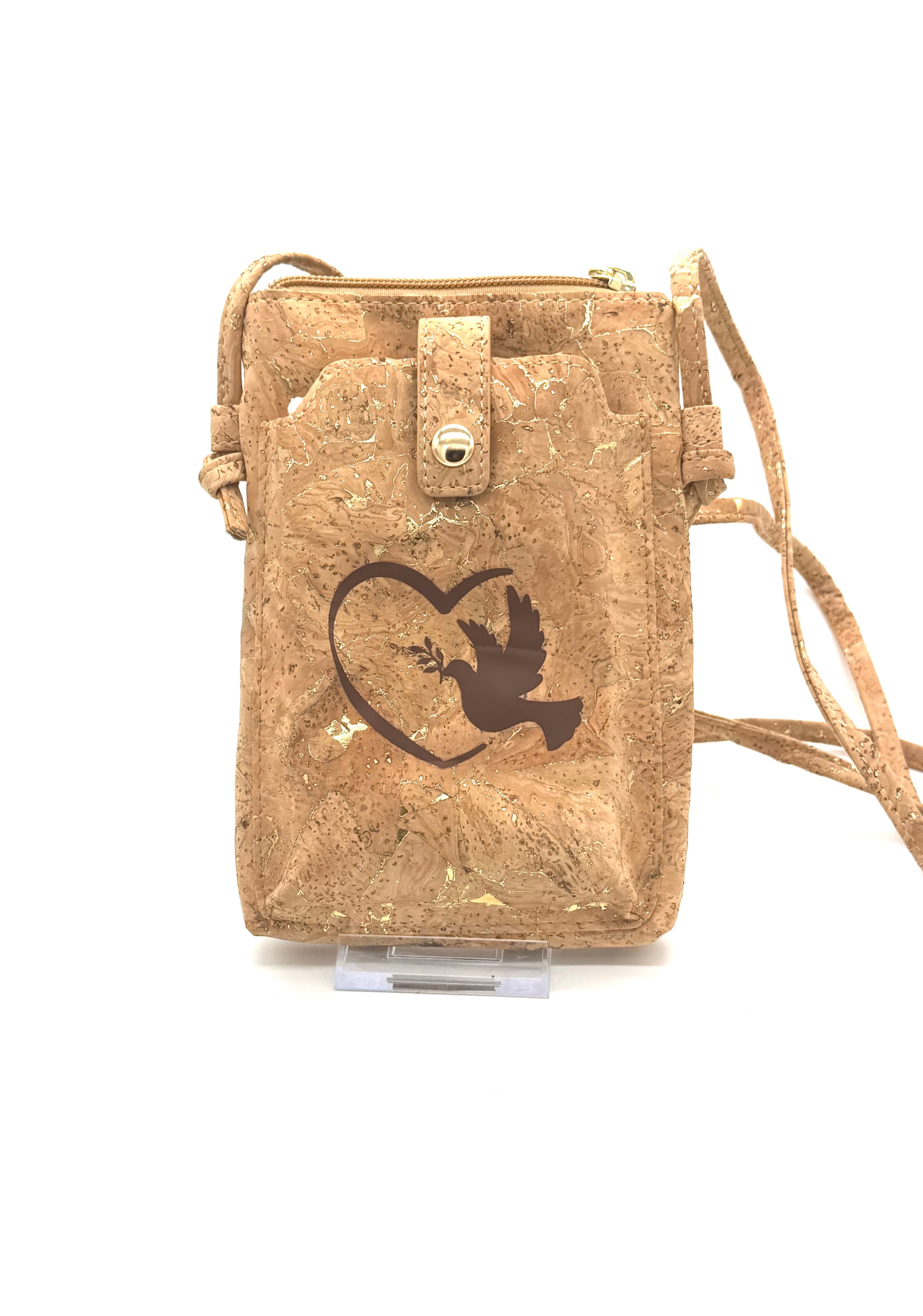 Cork crossbody bag with a heart and dove design on a white background