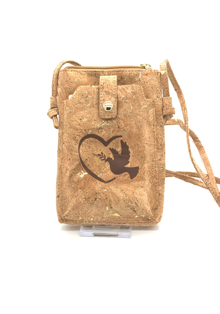 Cork crossbody bag with a heart and dove design on a white background