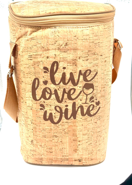 Cork-textured wine bag with 'live love wine' text and a wine glass icon.