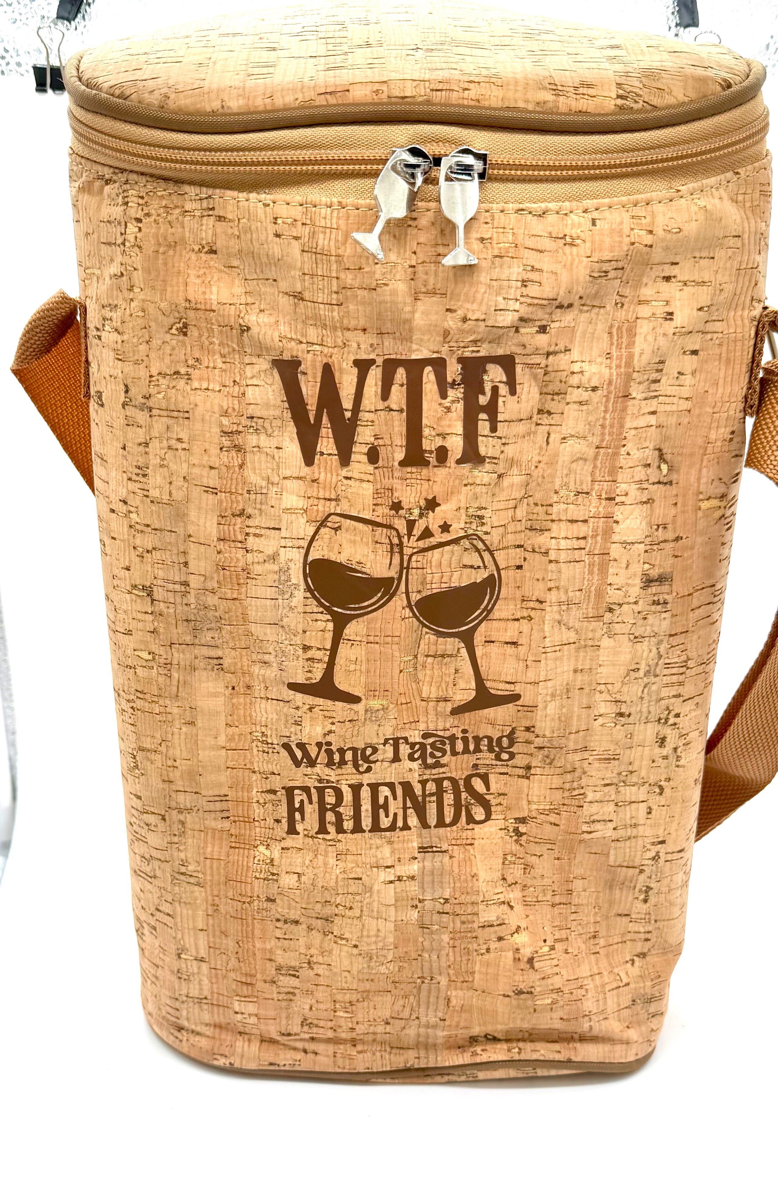 Cork cooler bag with 'W.T.F Wing Tasting Friends' text and graphics on a white background