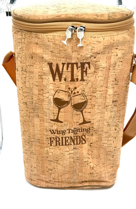 Cork cooler bag with 'W.T.F Wing Tasting Friends' text and graphics on a white background