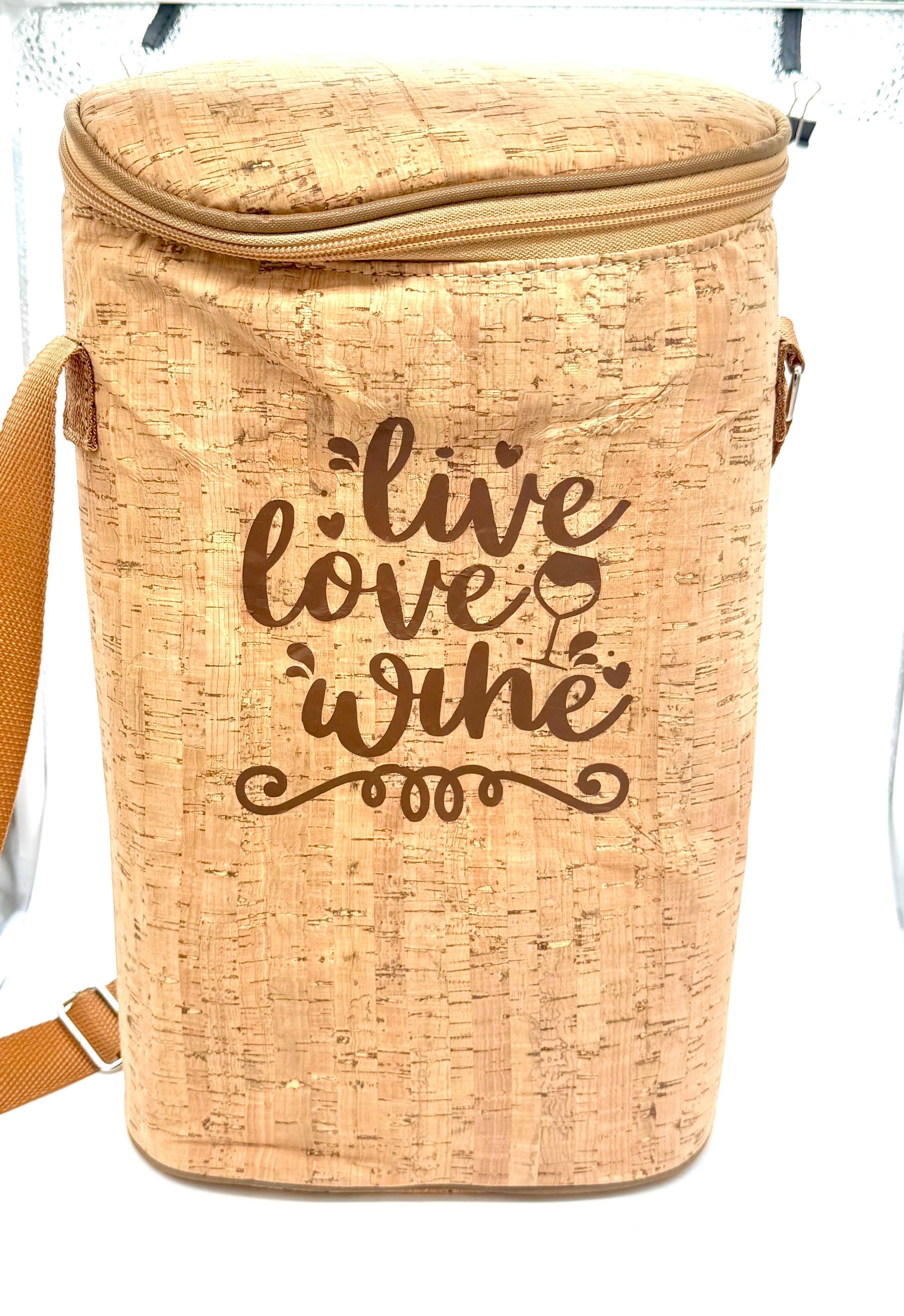 Cork cooler bag with 'live love wine' text on a white background