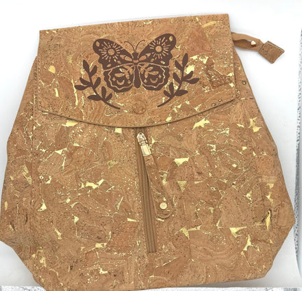 Cork backpack with butterfly design on a white background