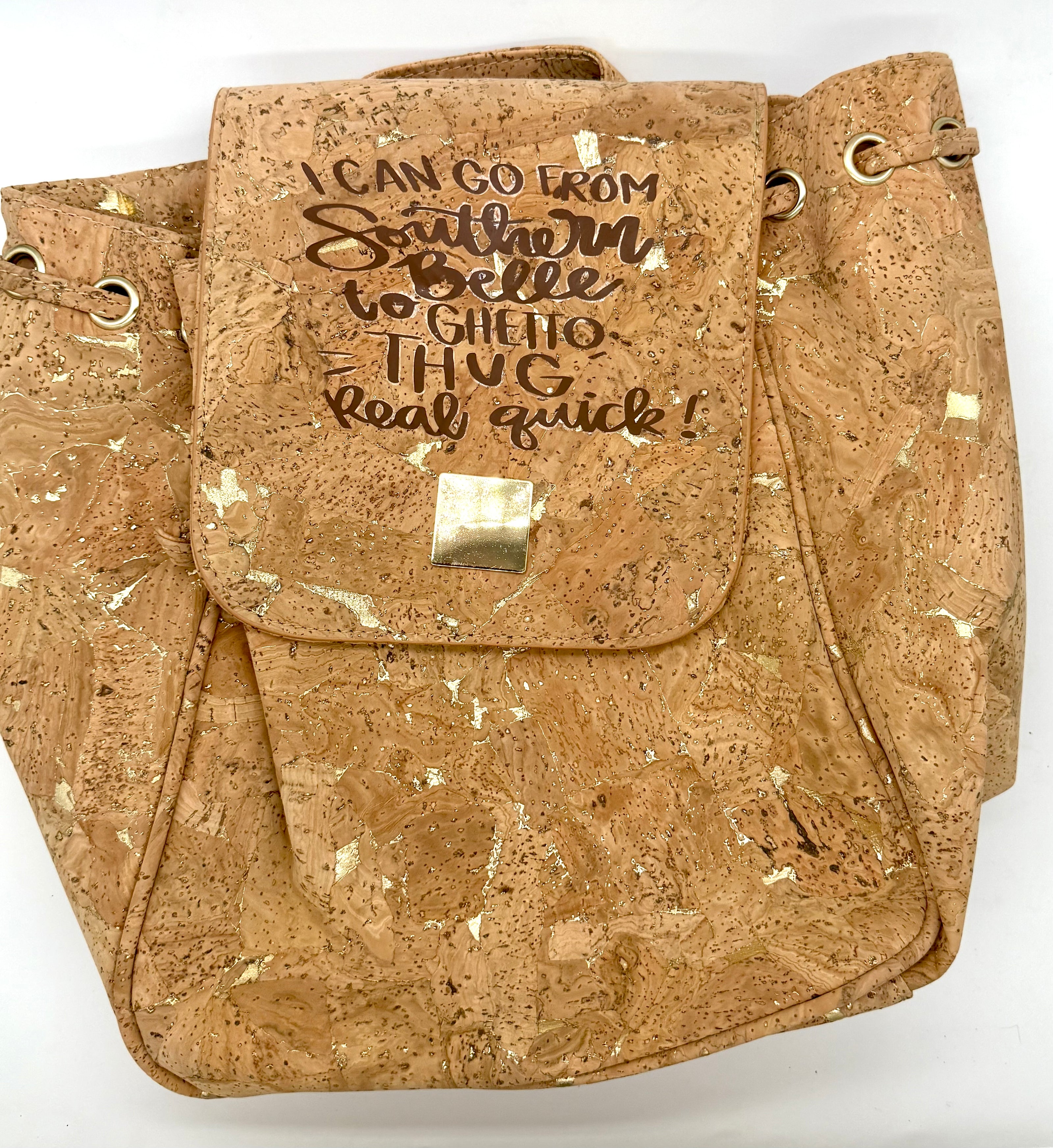 Cork handbag with text on a white background